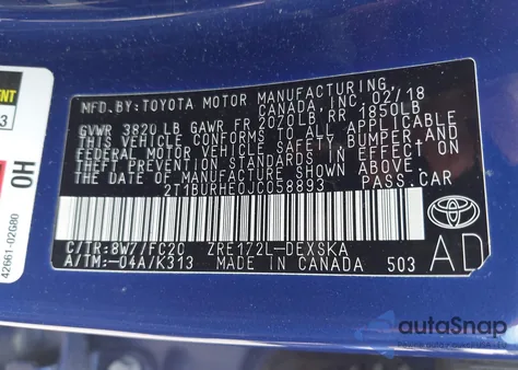 2018 Toyota Corolla Se z USA, uszkodzony, nr VIN 2T1BURHE0JC058893